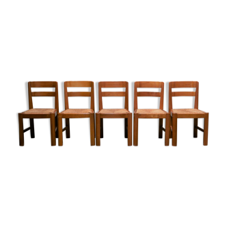 Série de 5 chaises vintage en orme paillées