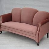 1950s, Danish 2-seater sofa, salmon pink furniture velour, oak wood legs.