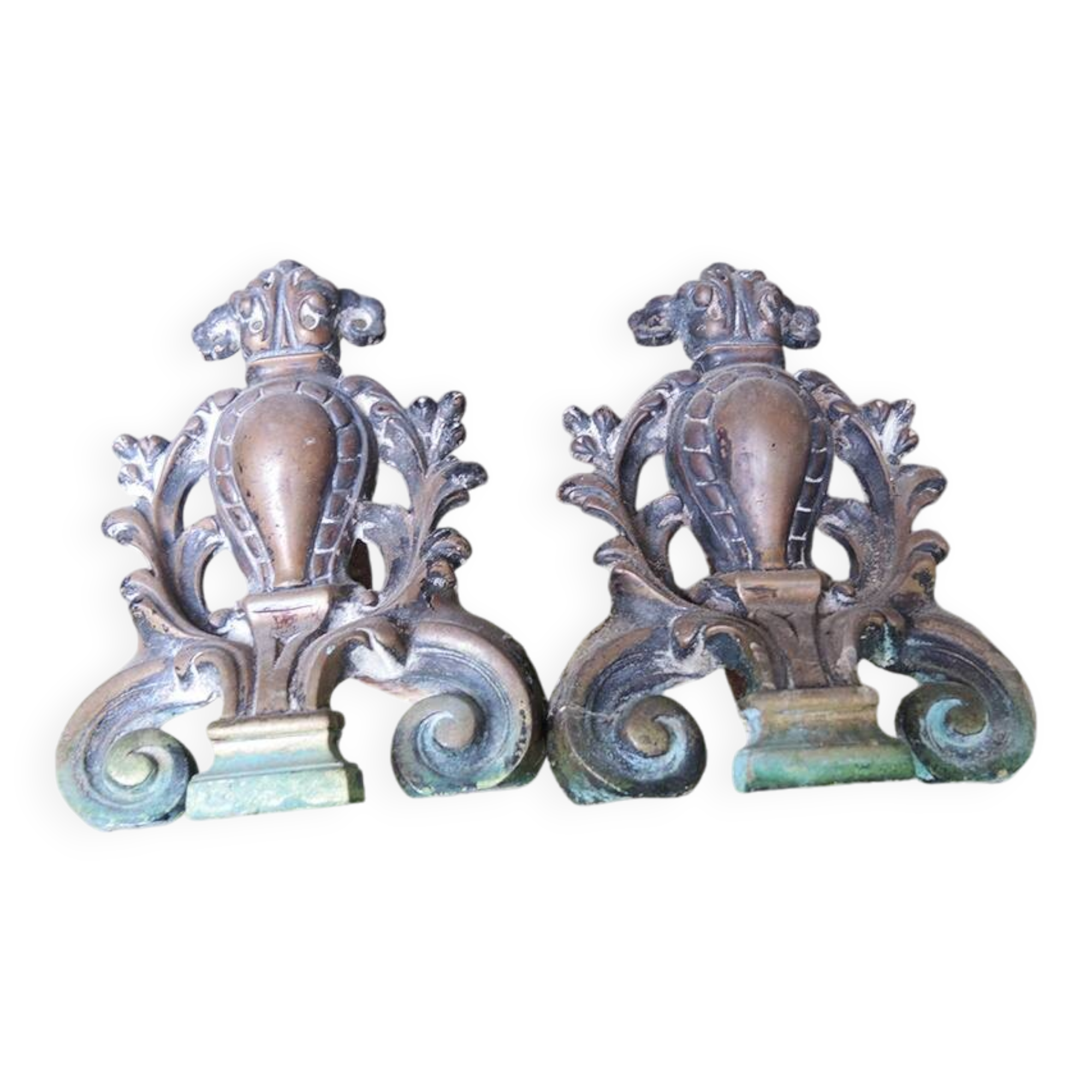 Antique Baroque Andirons in Brass & Cast Iron