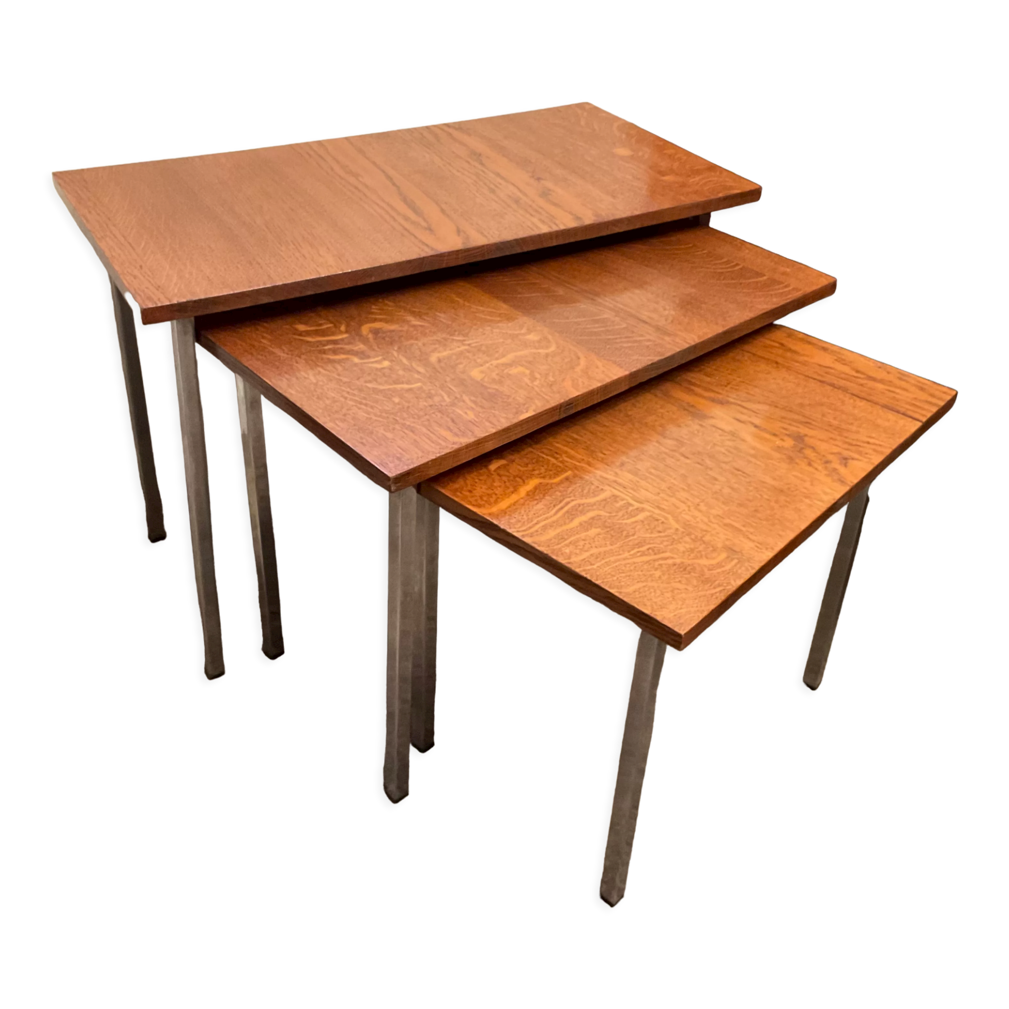 Series of 3 nesting tables from the 70s in wood and chromed metal