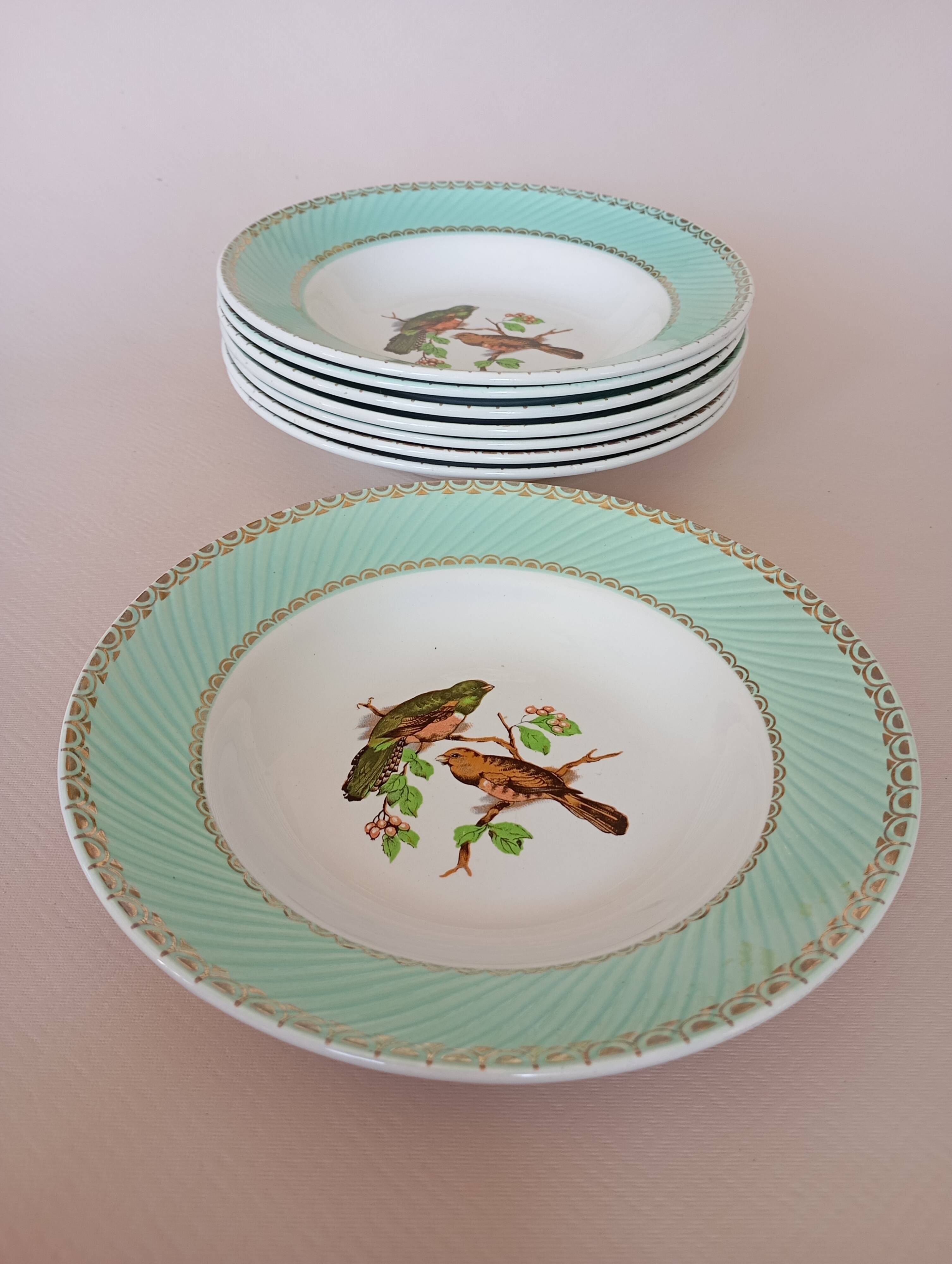 8 soup plates Fenal Badonviller "Birds" vintage 1950s