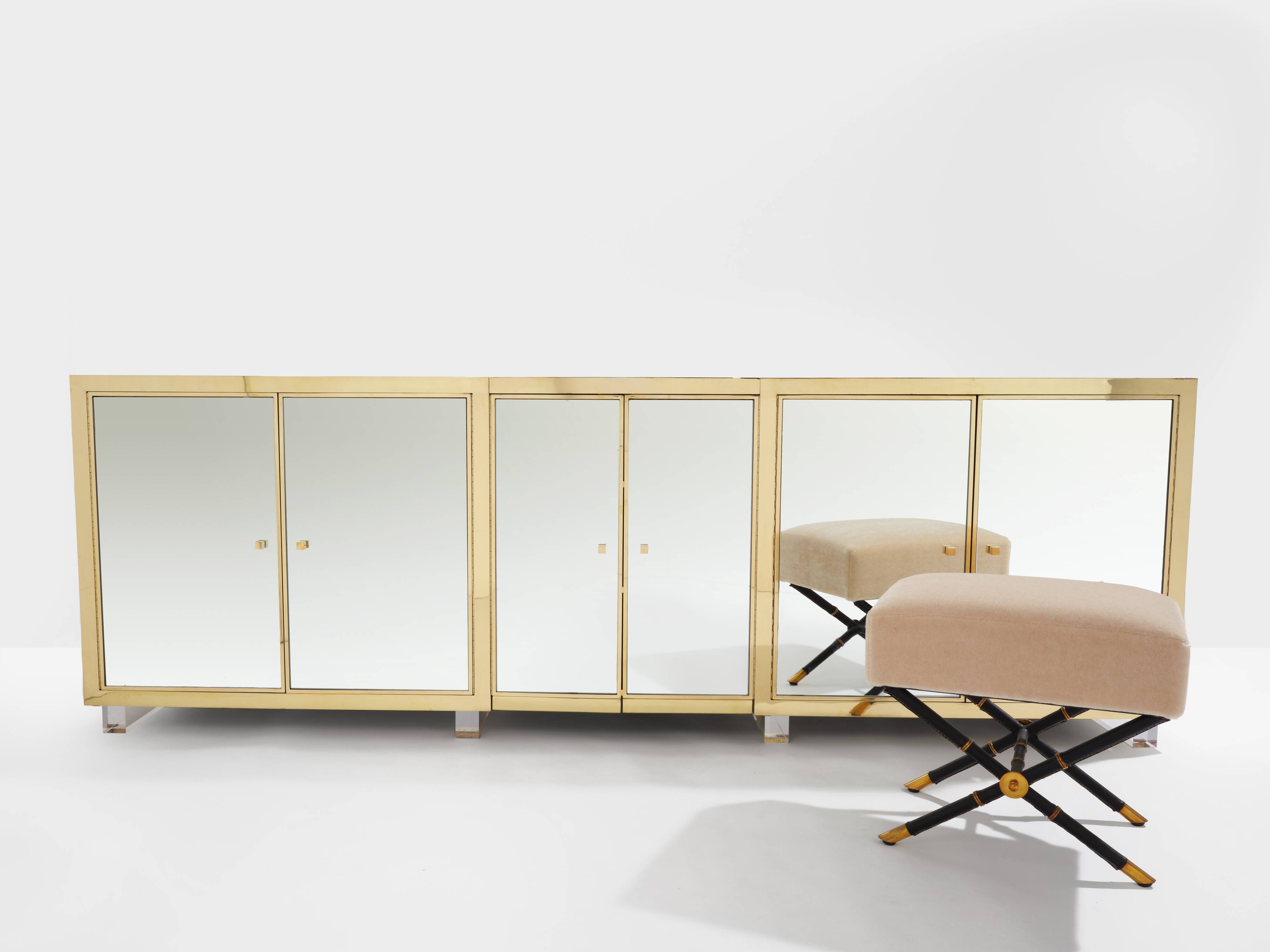 Brass sideboard with mirror and plexiglass legs by Michel Pigneres, 1970