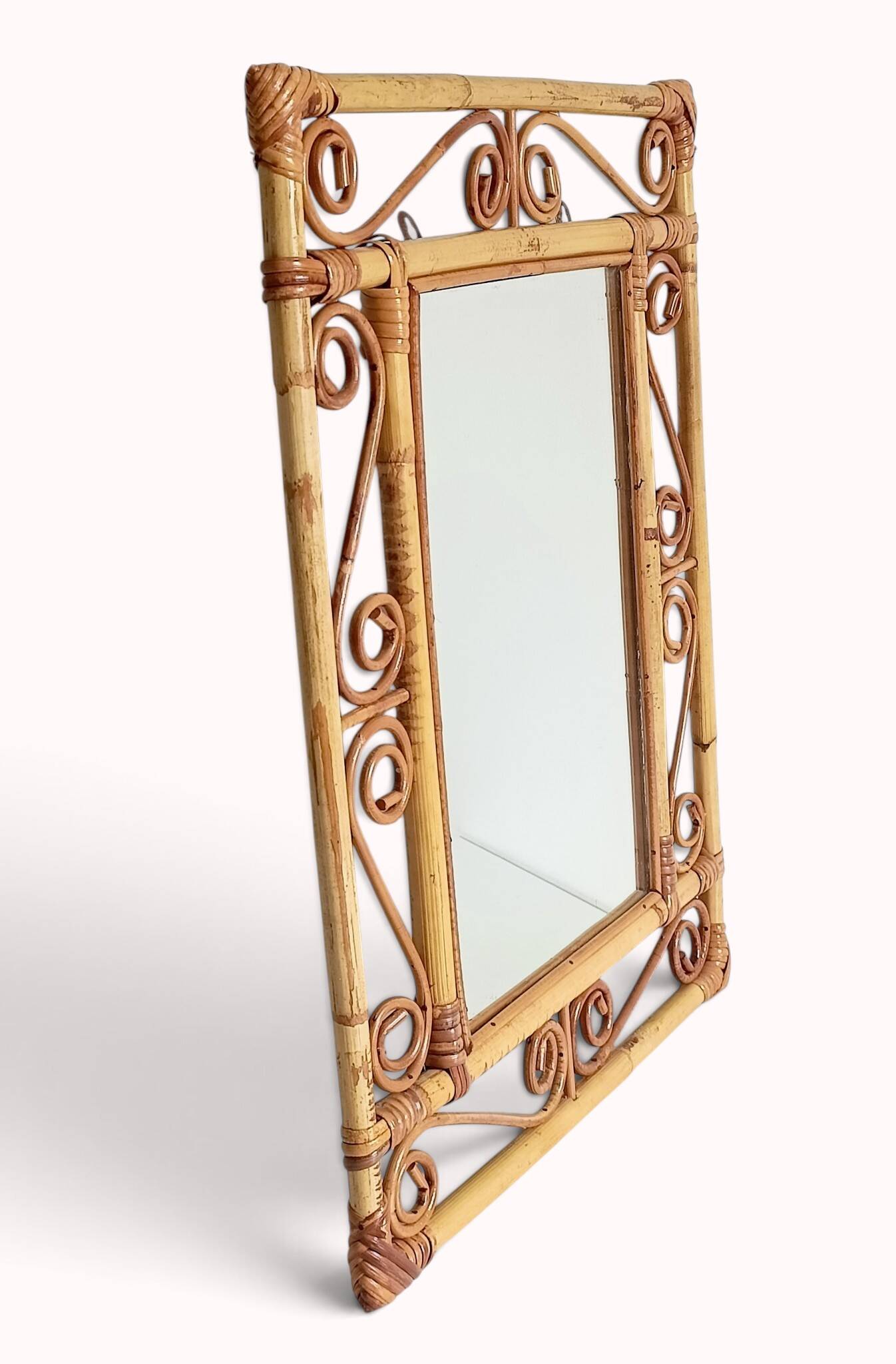 Vintage 1970s Spanish Handmade Bamboo and Rattan Wall Mirror
