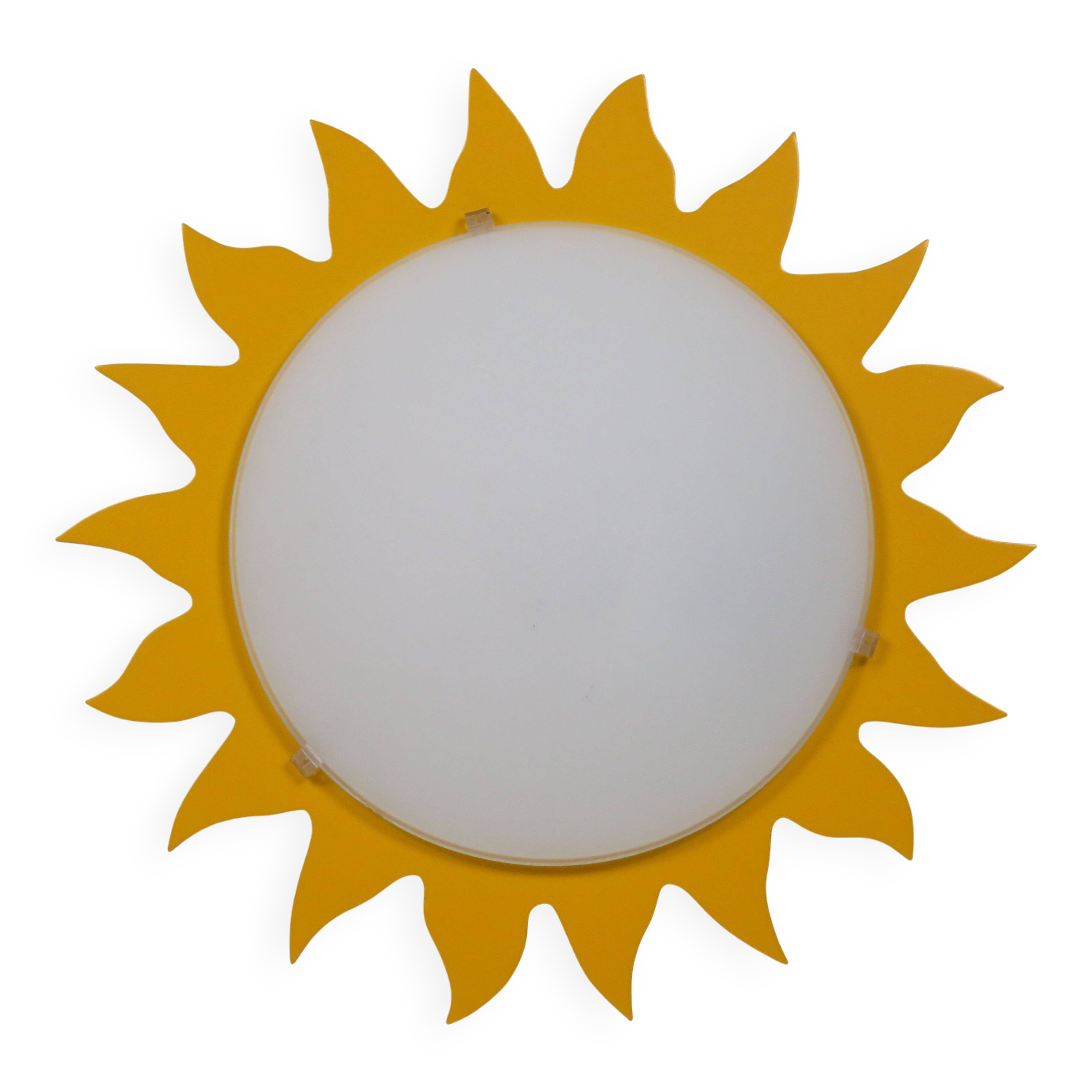 Vintage "sun" ceiling light Massive Belgium in opaline glass and lacquered wood.