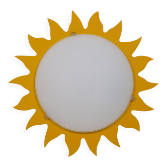 Vintage "sun" ceiling light Massive Belgium in opaline glass and lacquered wood.
