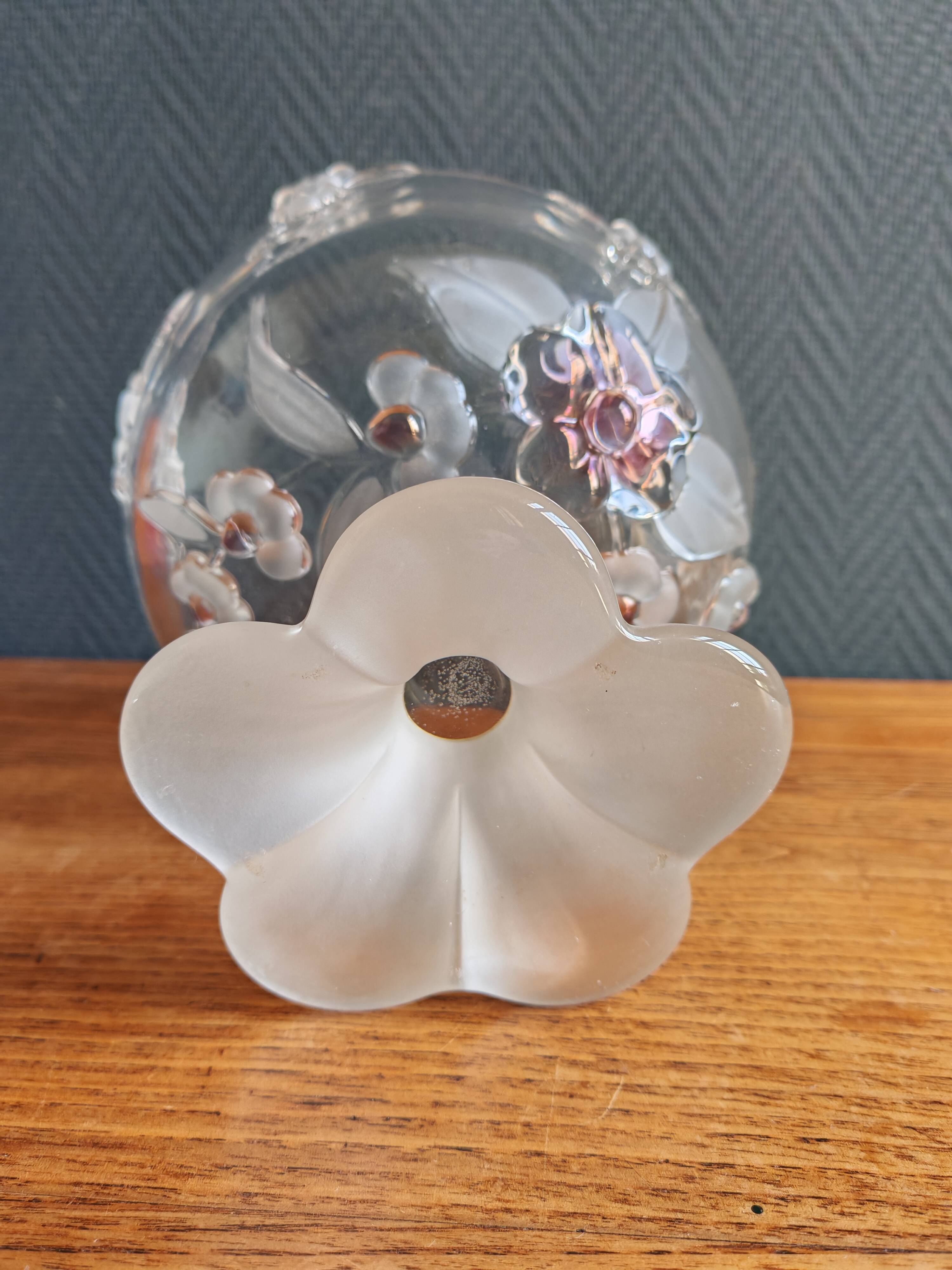 Vintage Frosted Glass Footed Bowl – Relief Decor of Pink Flowers