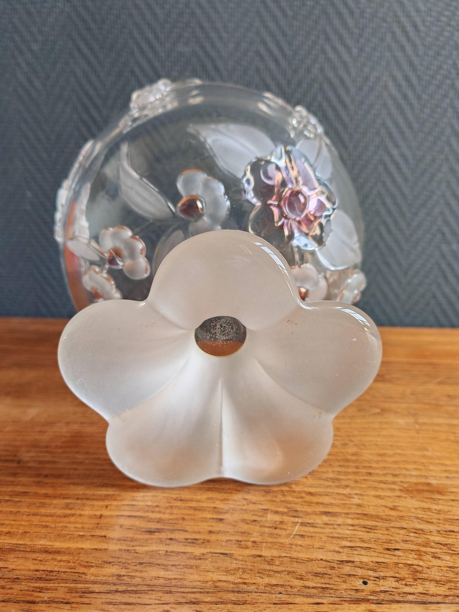 Vintage Frosted Glass Footed Bowl – Relief Decor of Pink Flowers