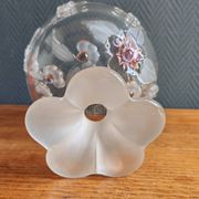 Vintage Frosted Glass Footed Bowl – Relief Decor of Pink Flowers
