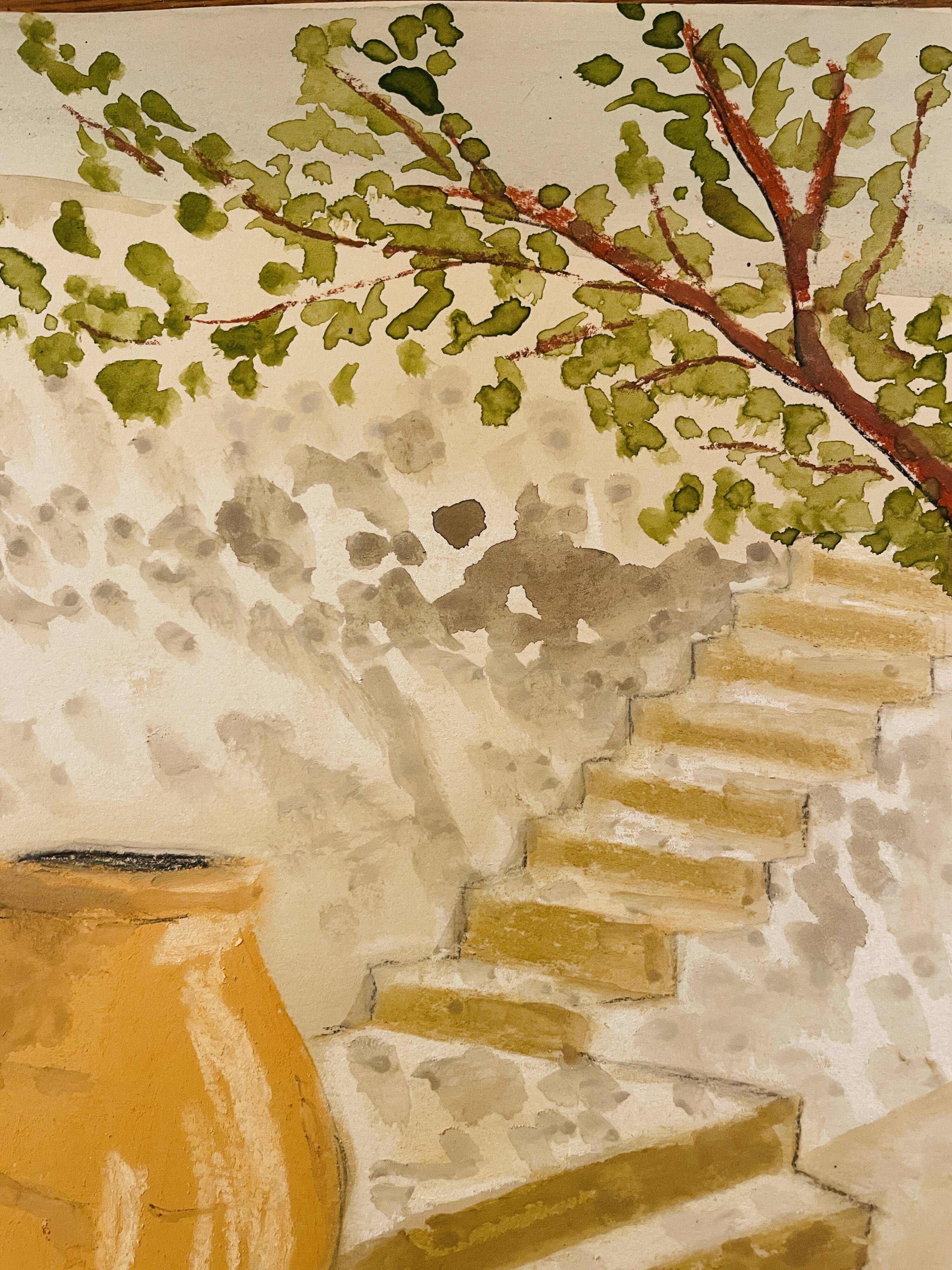 Signed pastel and watercolor painting of a Provençal landscape "the staircase"