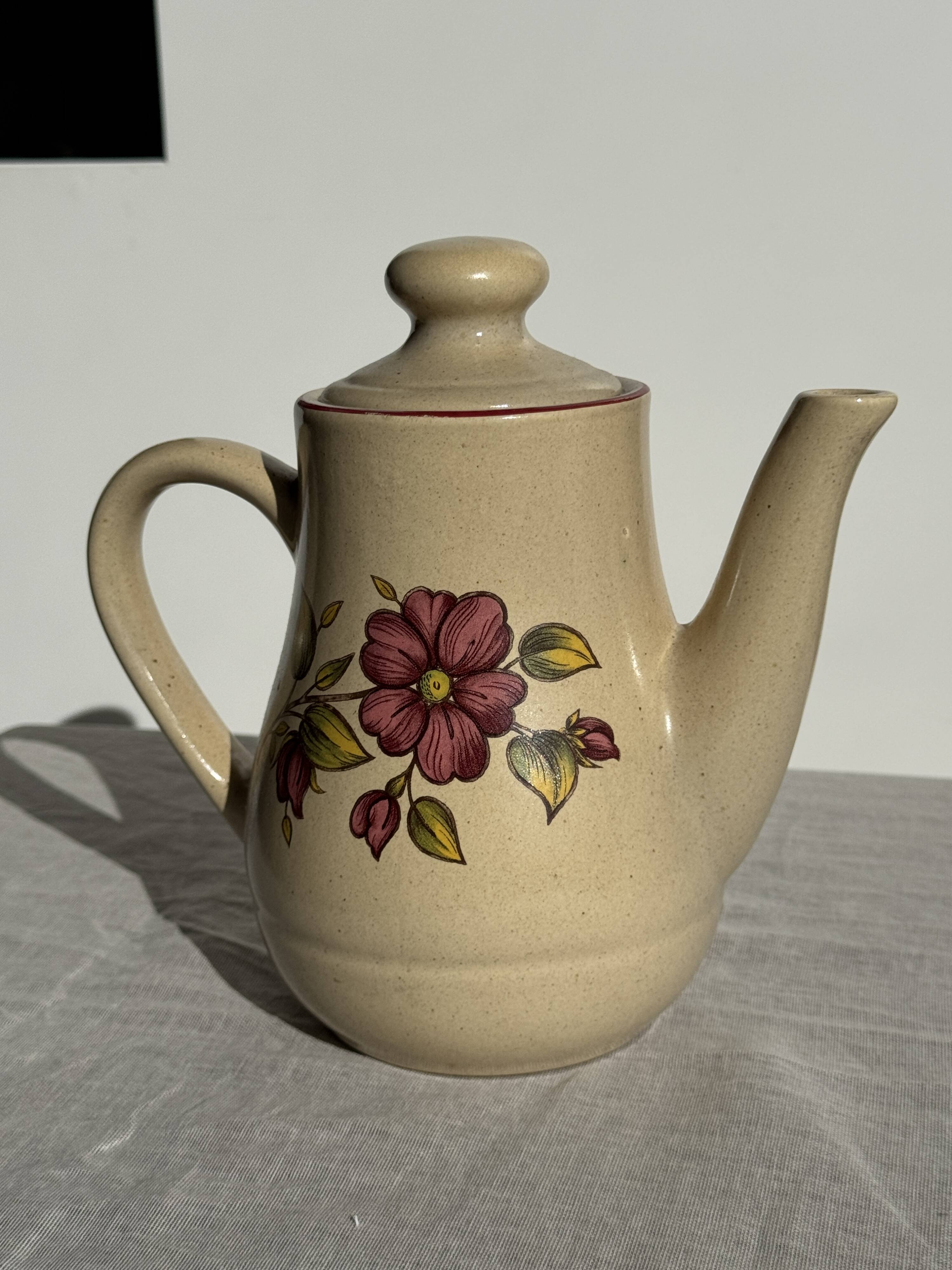 Vintage beige stoneware teapot with pink flower pattern H22