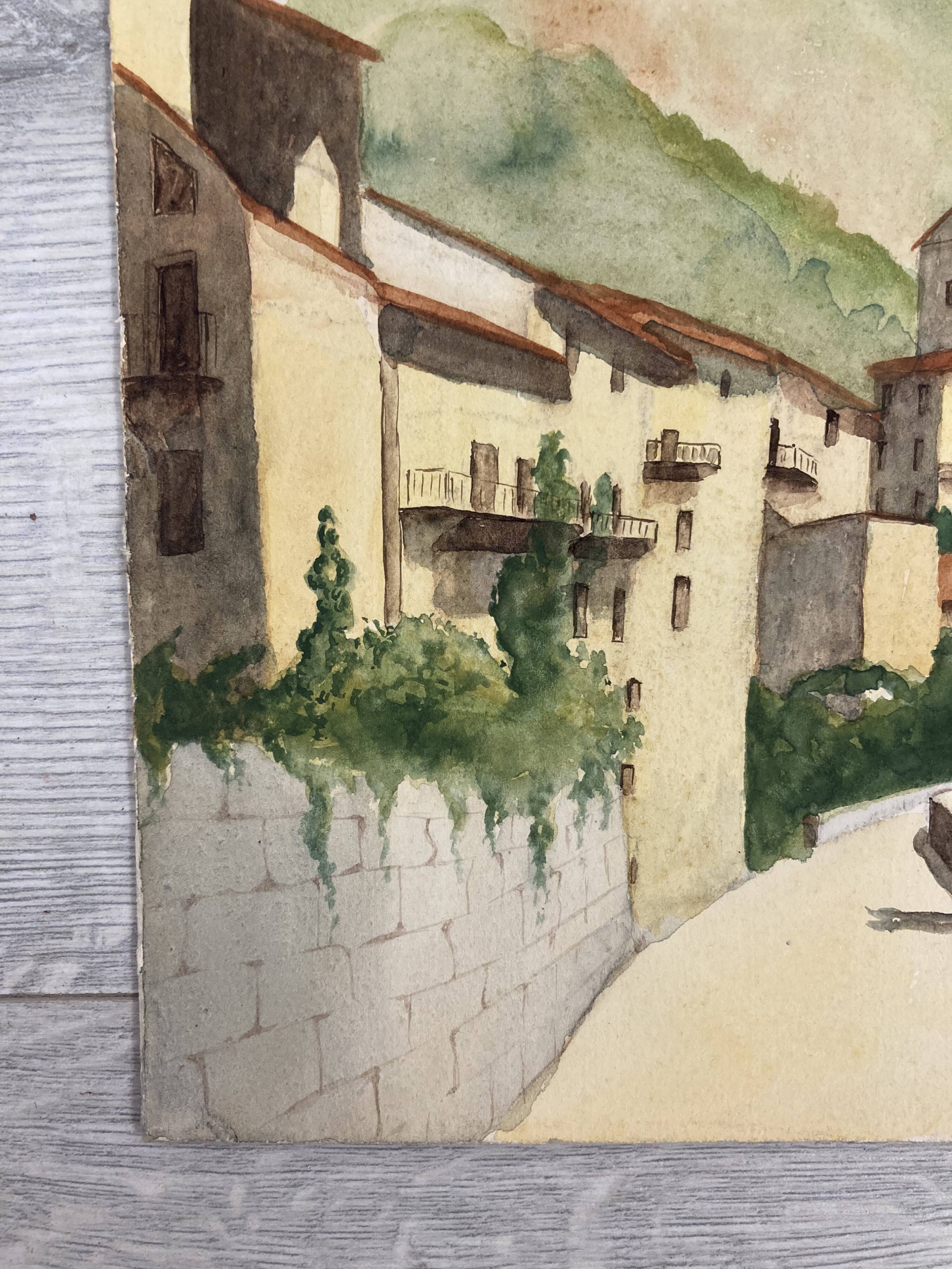 Signed watercolor of landscape with bell tower
