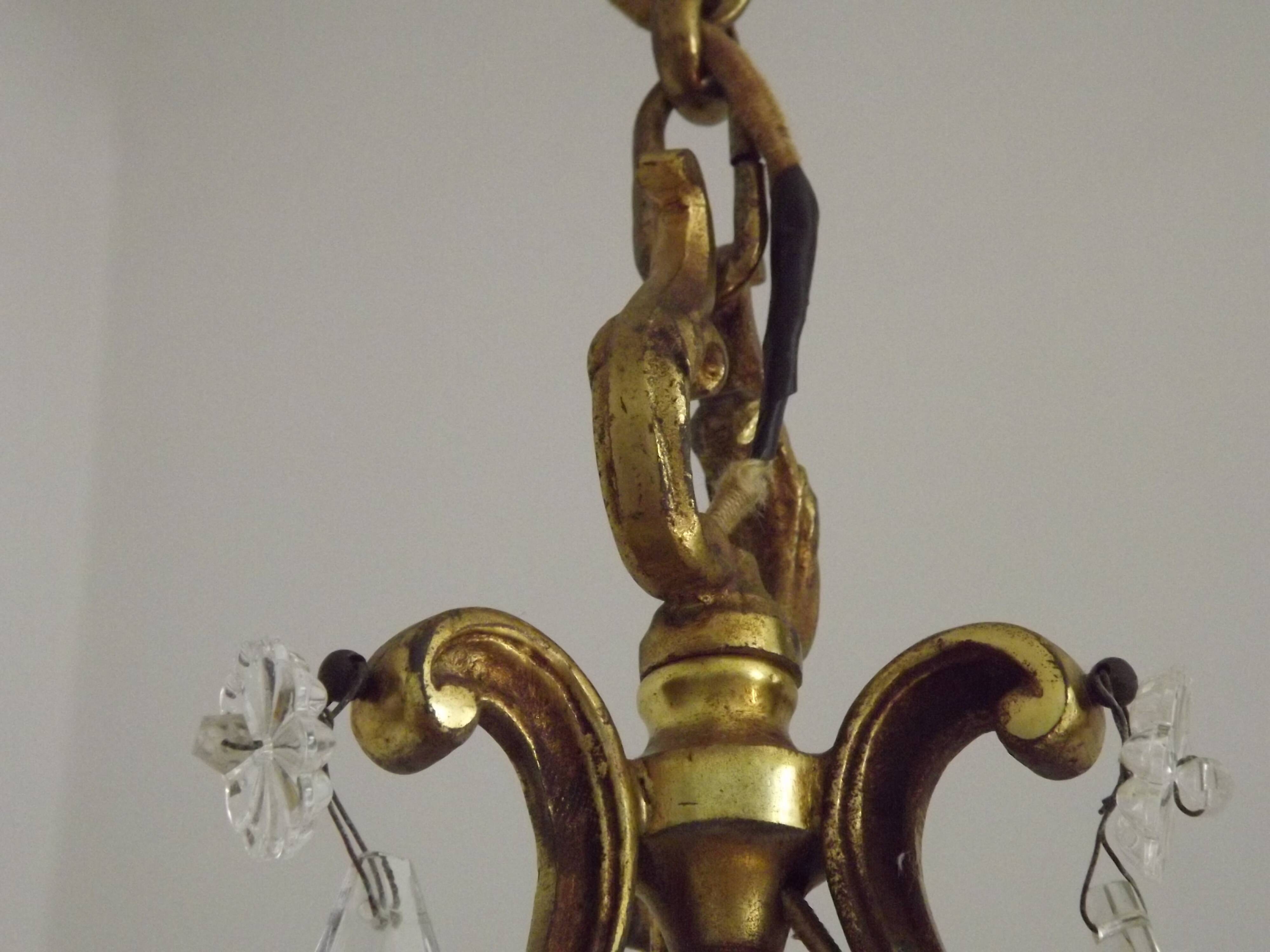 French Antique Art Nouveau 4 Light 3 Side Brass Crystal Cage Chandelier