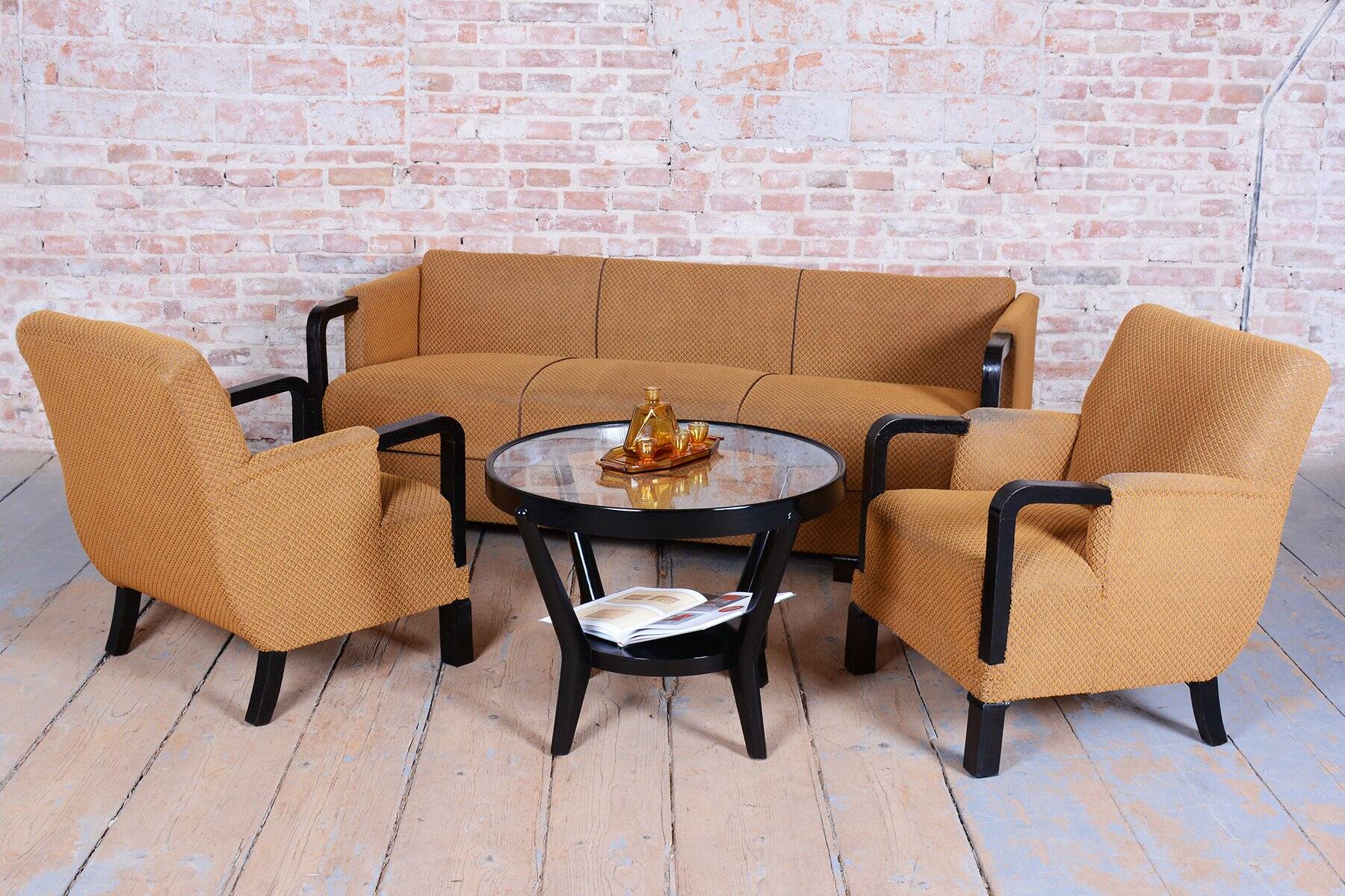 Czech Art Deco Sofas and Lounge Chairs in Beech and Oak attributed to Jindrich Halabala for Up Závody, 1930s, Set of 3