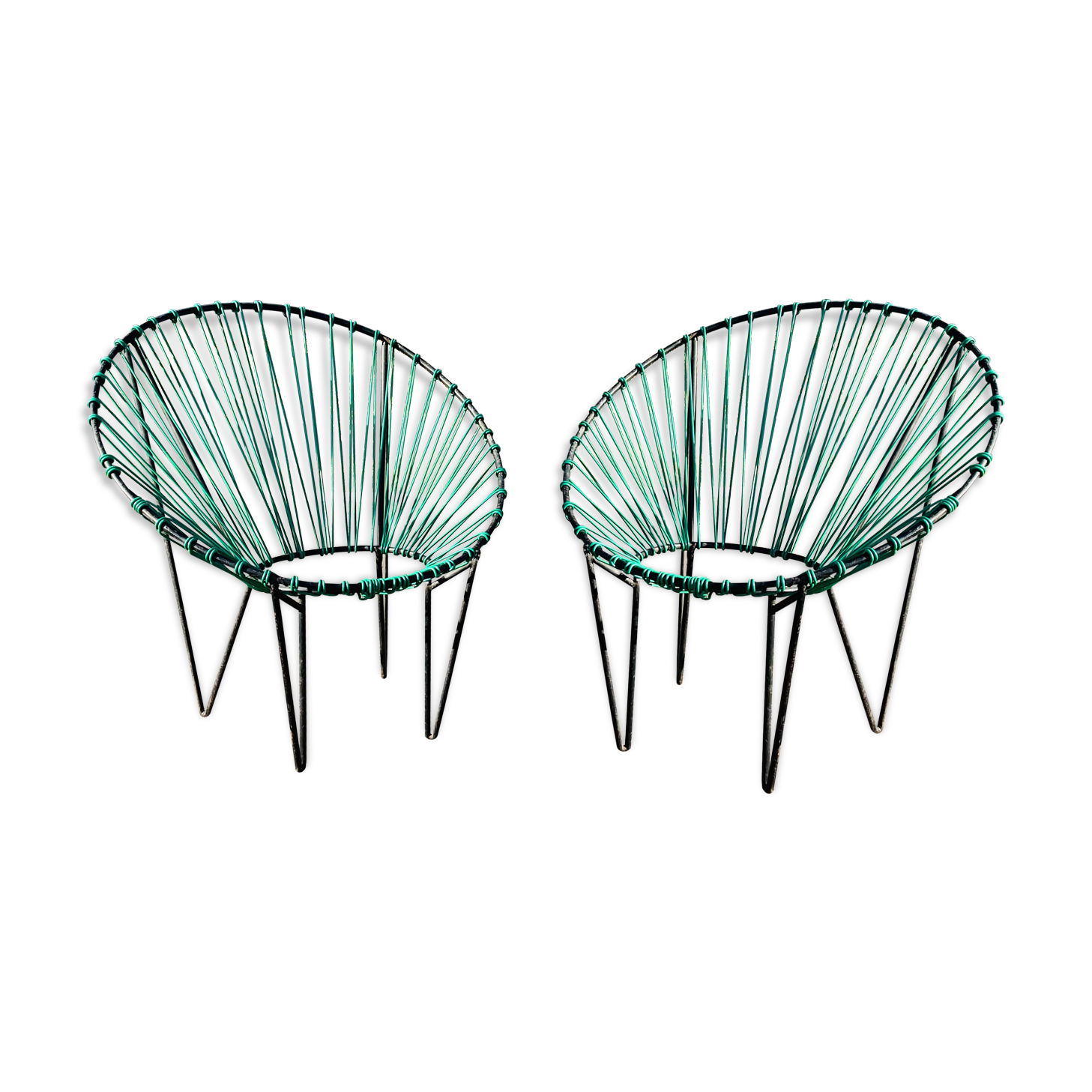 Pair of garden chairs Acapulco 1950 vintage scoubidou metal heaters