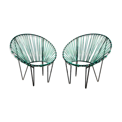 Paire de fauteuils de jardin Acapulco 1950 vintage chauffeuses scoubidou métal