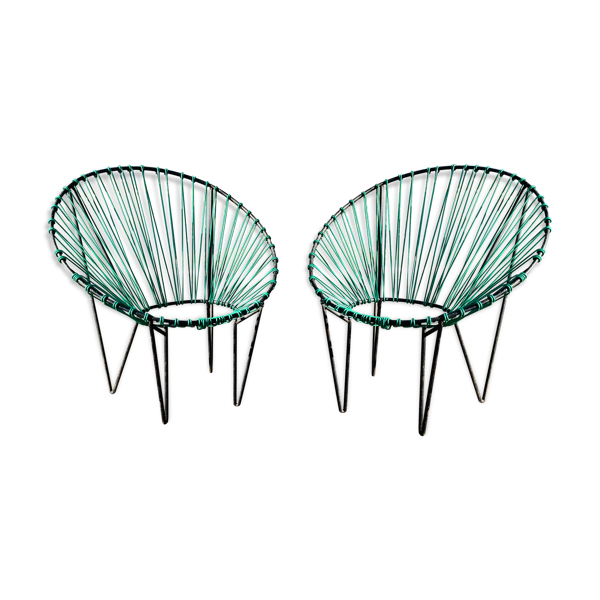 Paire de fauteuils de jardin Acapulco 1950 vintage chauffeuses scoubidou métal