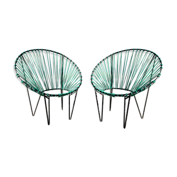 Paire de fauteuils de jardin Acapulco 1950 vintage chauffeuses scoubidou métal