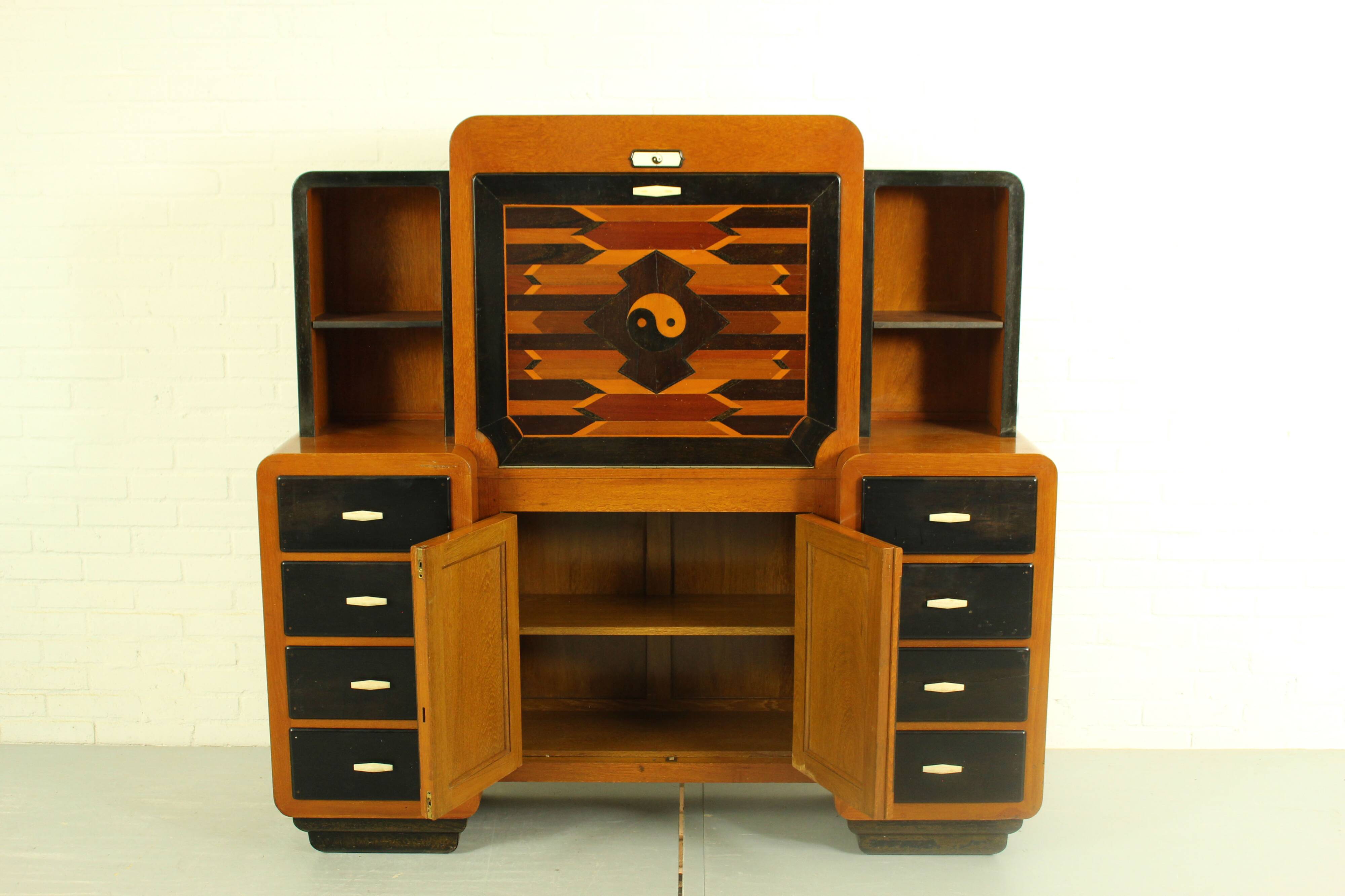 Solid high quality teak art deco secretaire by Gerson’s furniture store, produced in Bangkok, 1930s