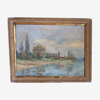 Old waterside landscape painting