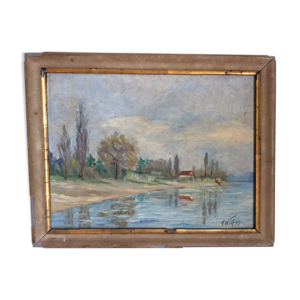 Tableau ancien paysage bord de