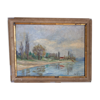 Old waterside landscape painting