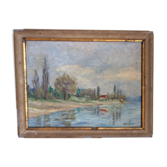 Tableau ancien paysage bord de l’eau