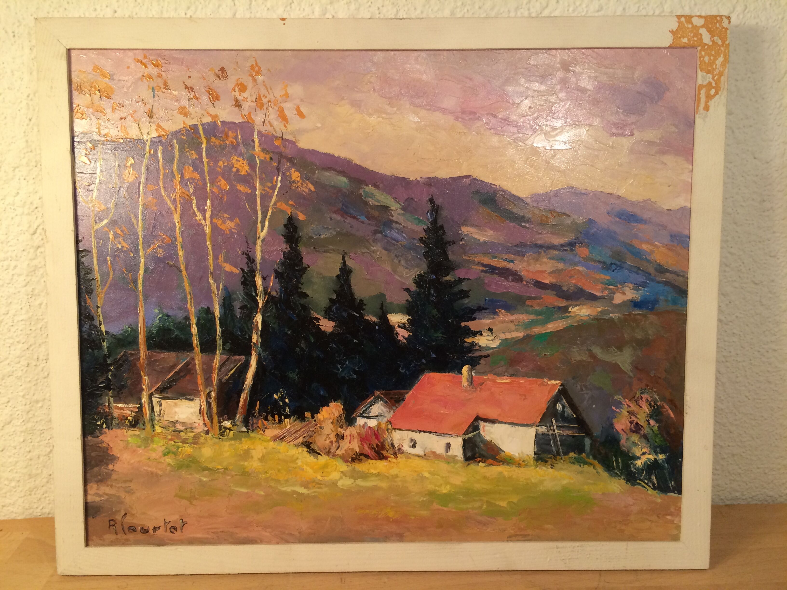 Mountain landscape painting and farm, old painting