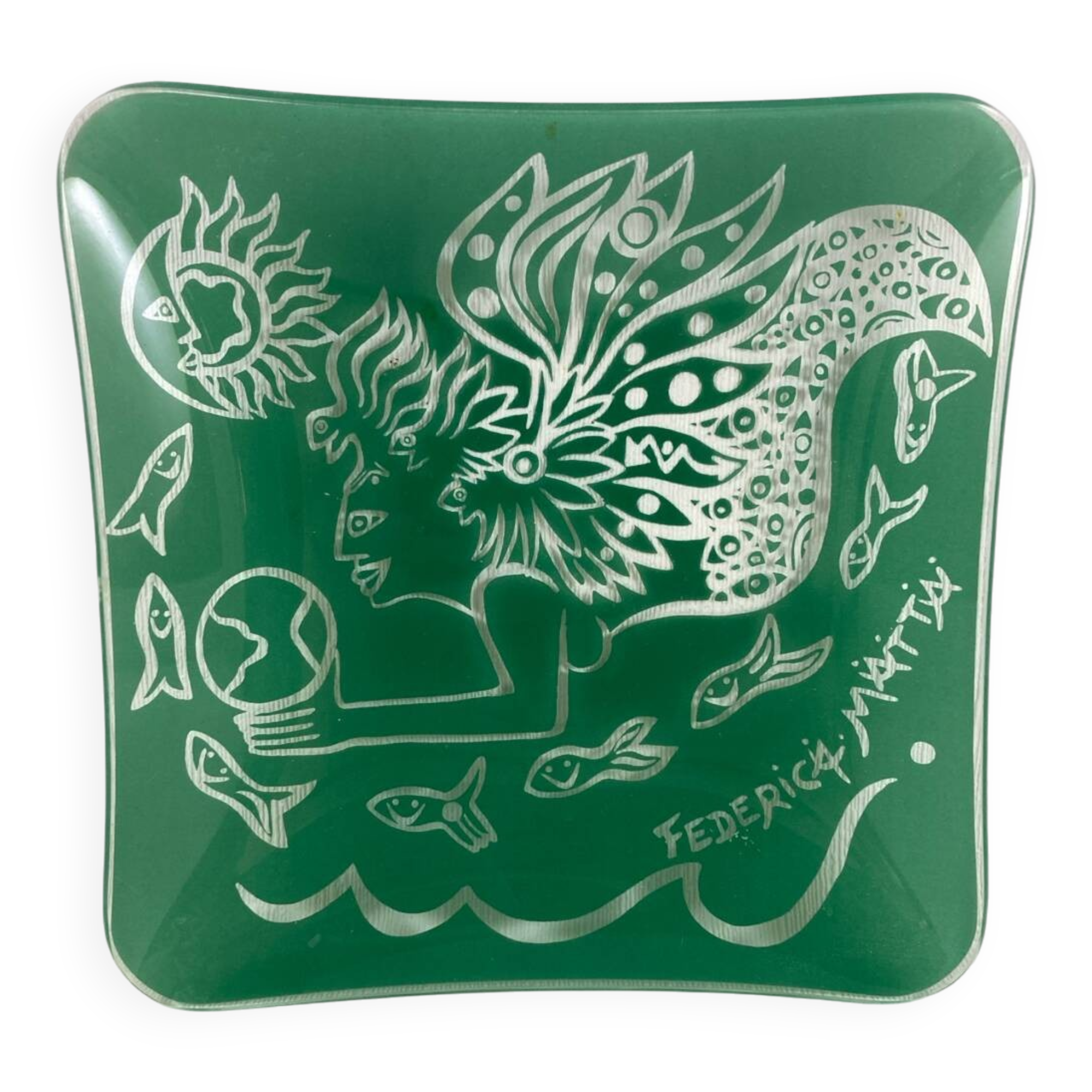 Federica Matta Signed Glass Trinket Tray in Screen-Printed Glass