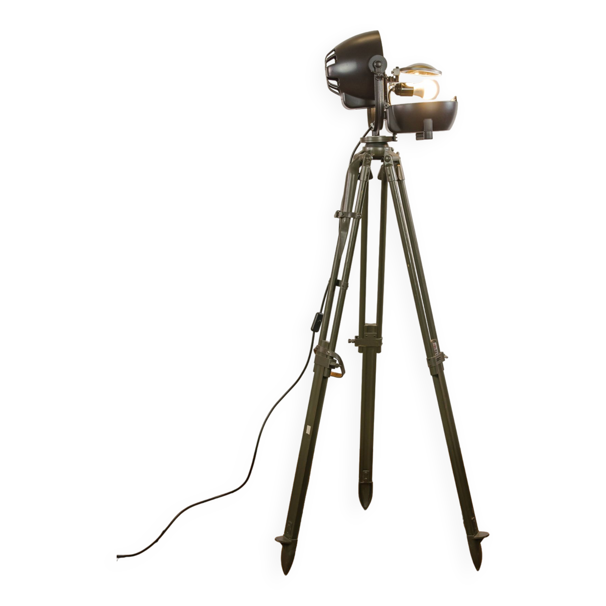 Vintage 1950s Strand Electric Patt 123 Theatre lamp on an old Wooden Army Surveyors Tripod