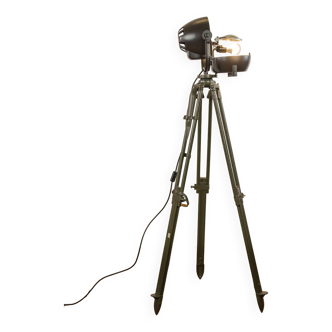 Vintage 1950s Strand Electric Patt 123 Theatre lamp on an old Wooden Army Surveyors Tripod