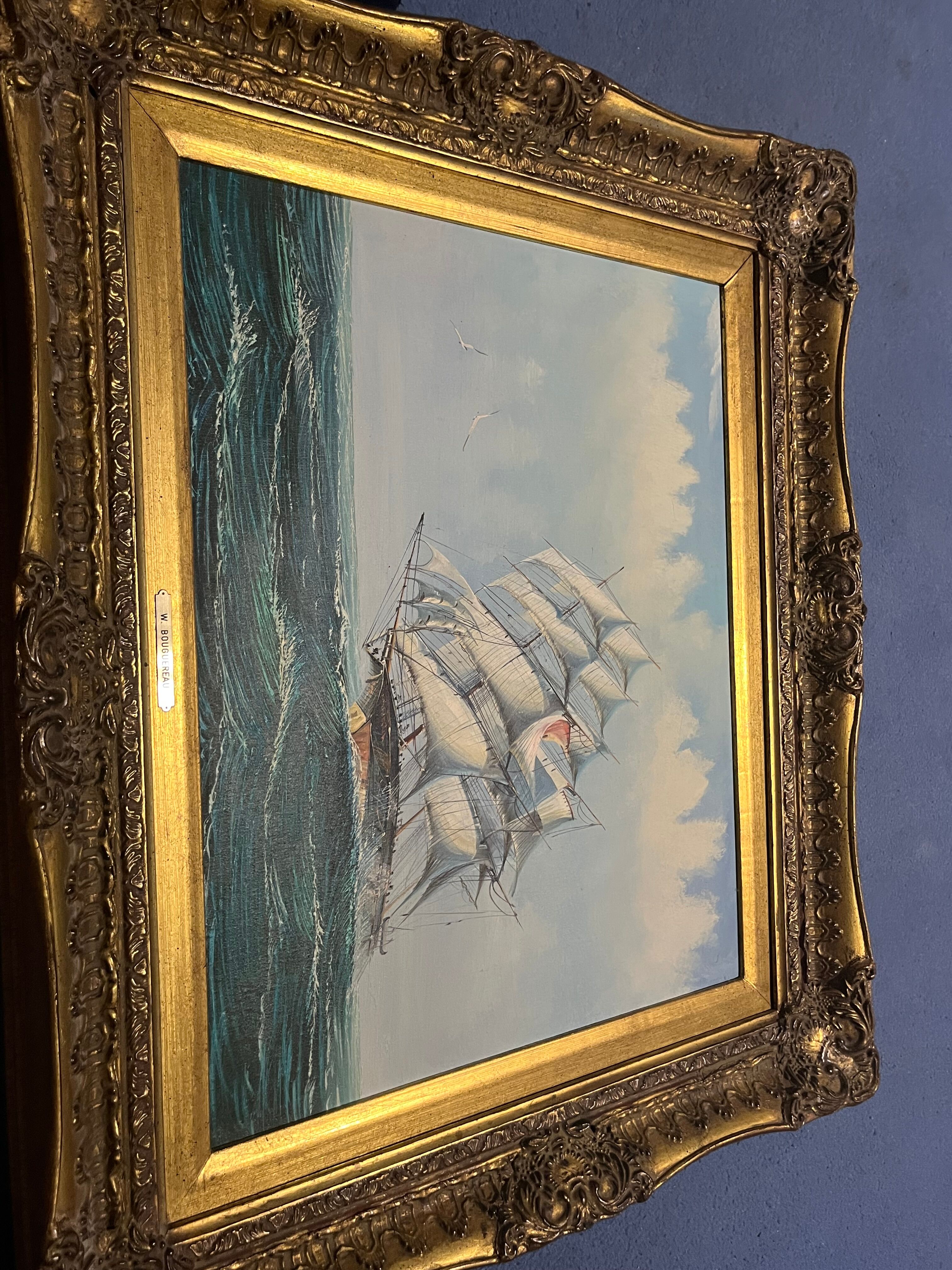 Maritime tableau 3 masts gold frame, sculpted