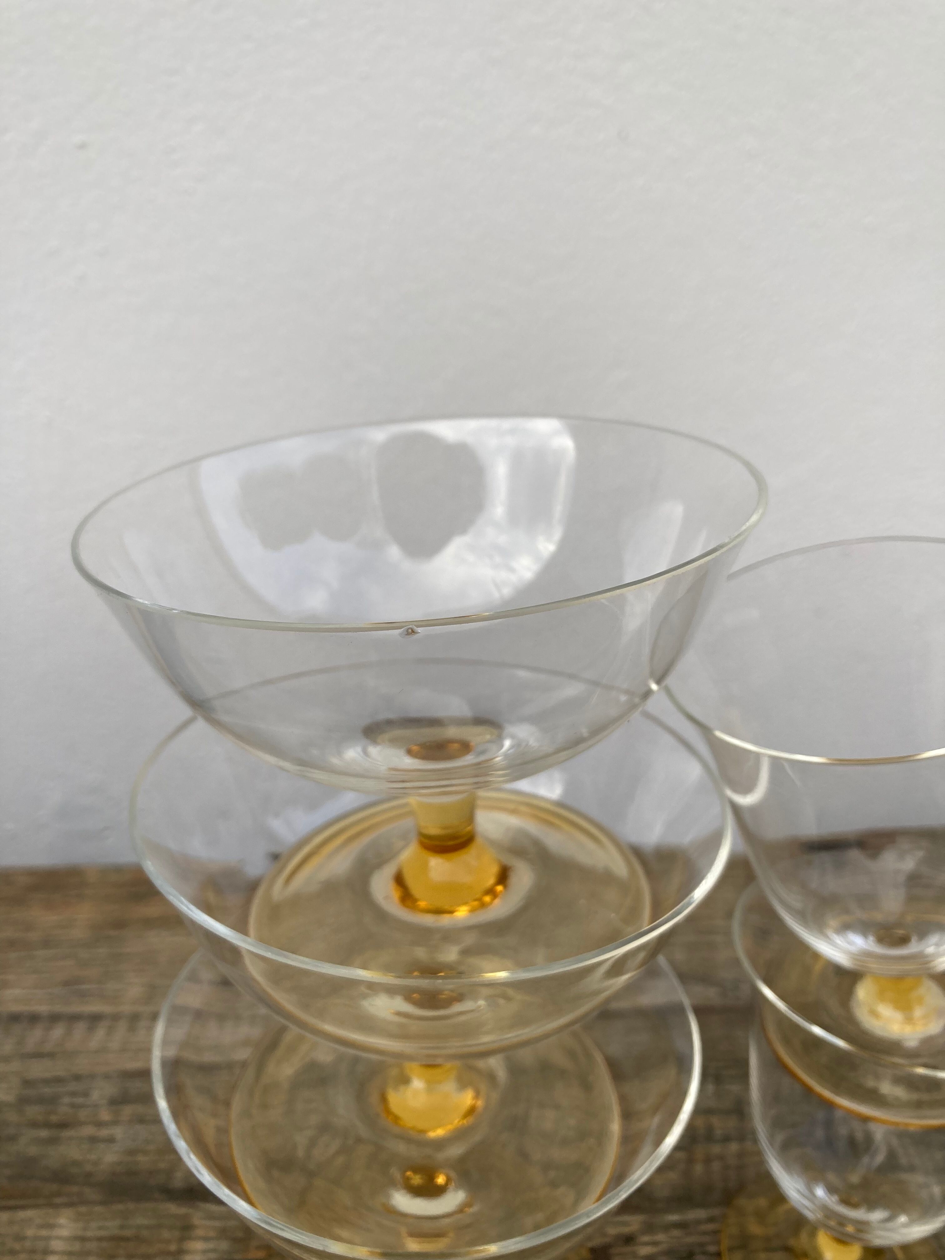 6 antique yellow crystal stemmed glasses and cups