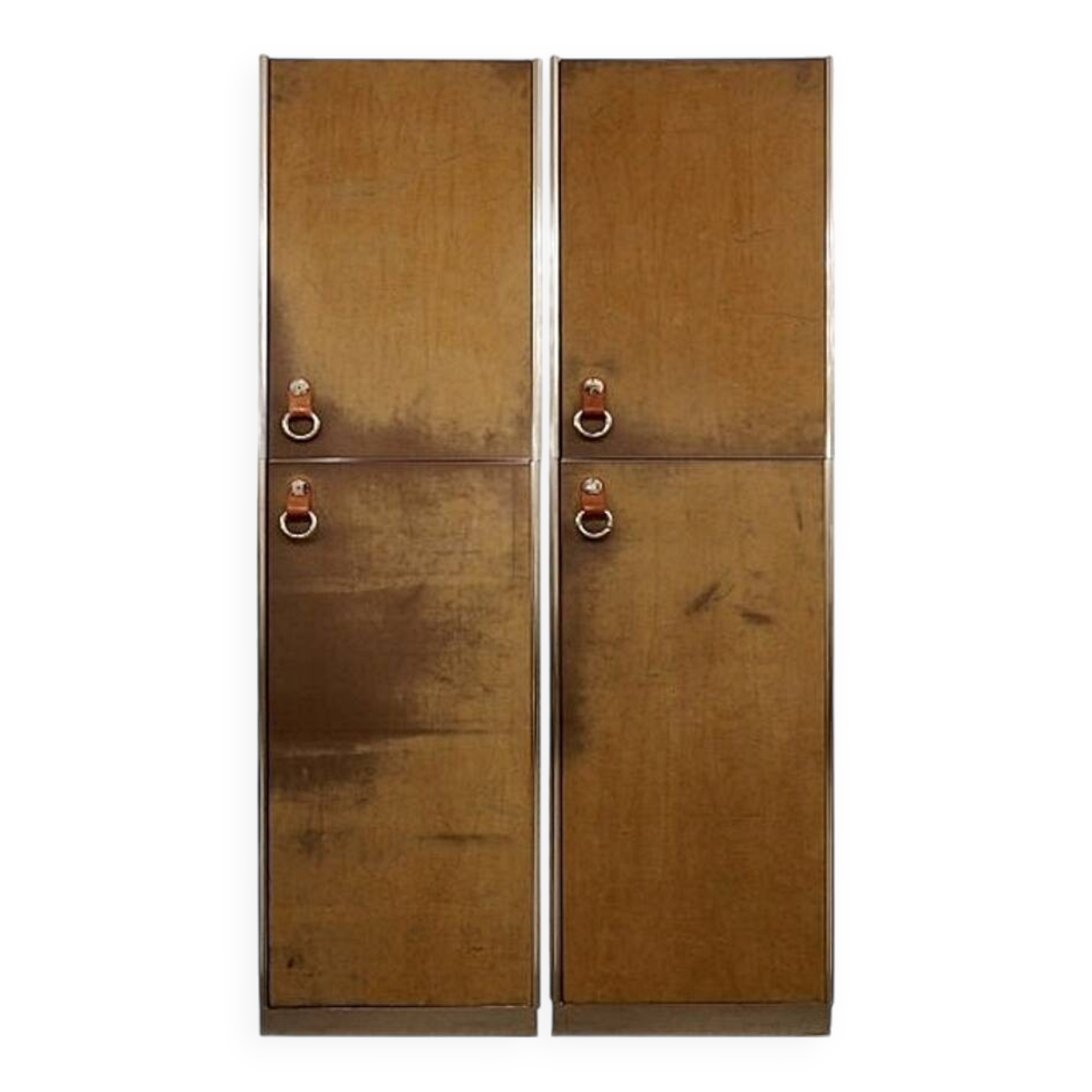Pair of Guido Faleschini brown suede and metal wardrobes - 1960s
