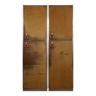 Pair of Guido Faleschini Wardrobes in Brown Suede and Metal - 1960s