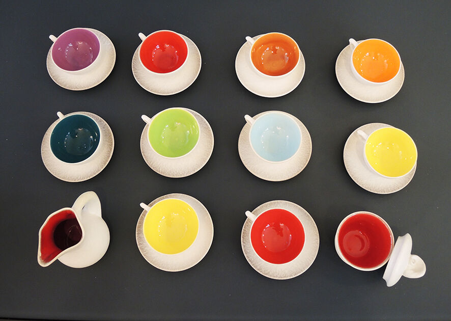 Former tea service in multicolored ceramics signed