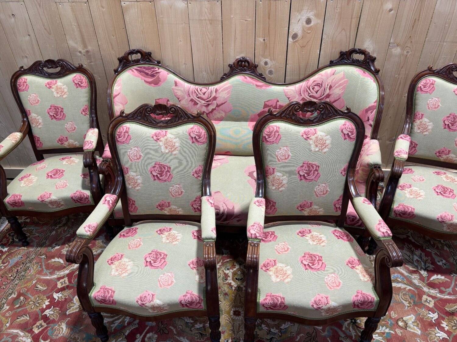 Napoleon III salon set 9 pieces solid mahogany rose fabric