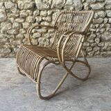 Ensemble table basse et fauteuils en roseau - années 50