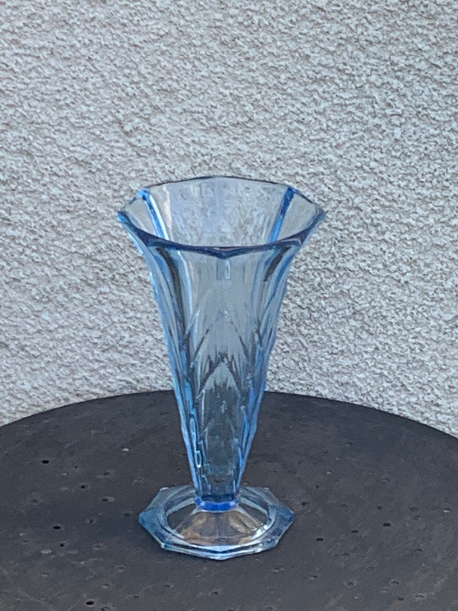 Blue molded glass vase in art deco relief