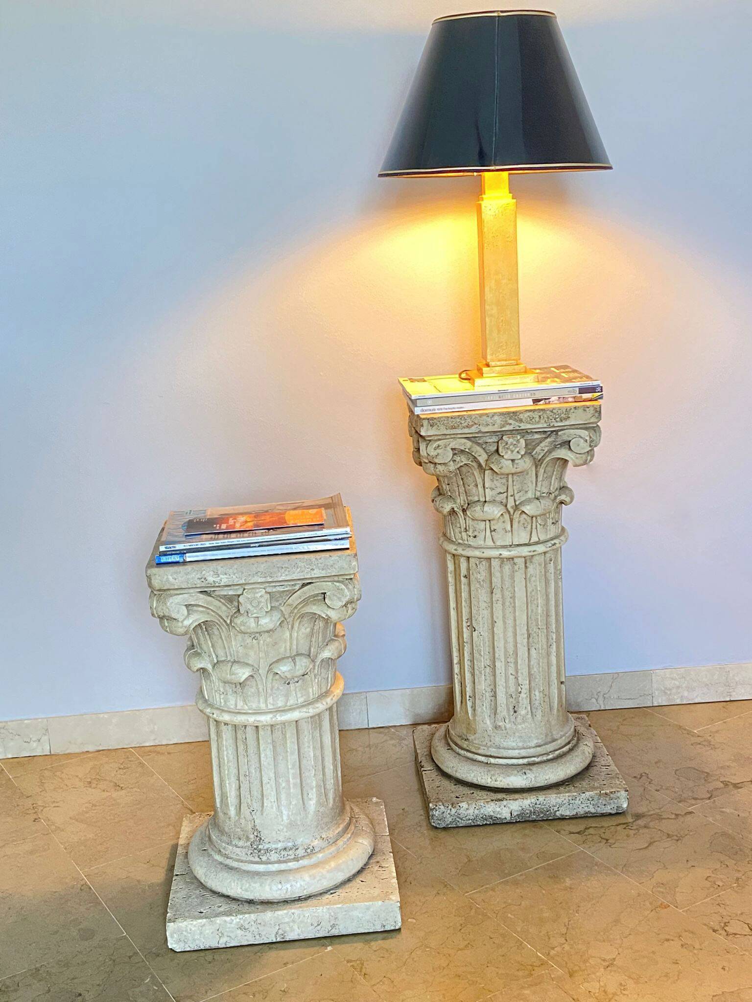 Pair of columns, corinthian style capitals in travertine, italy 1940s