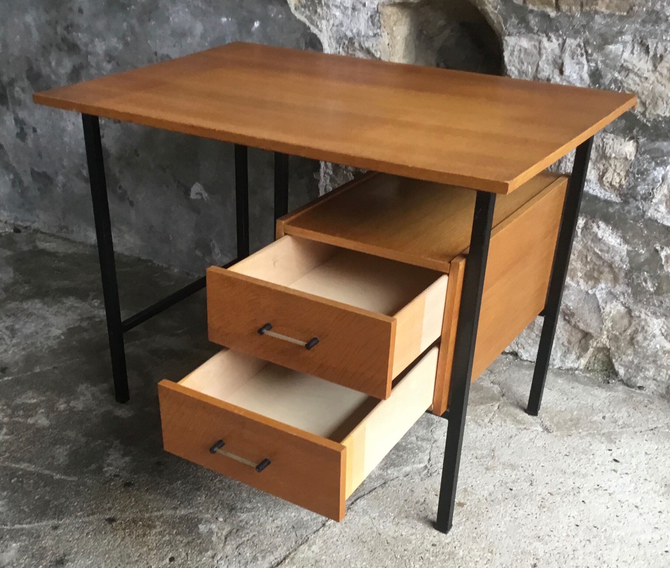 Modernist desk with drawers - tubular base and light oak top - vintage