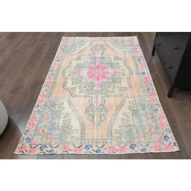Vintage Turkish Oushak handmade wool cotton orange area rug 125x208
