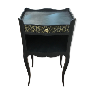 Table de nuit avec tiroir, noir avec motifs