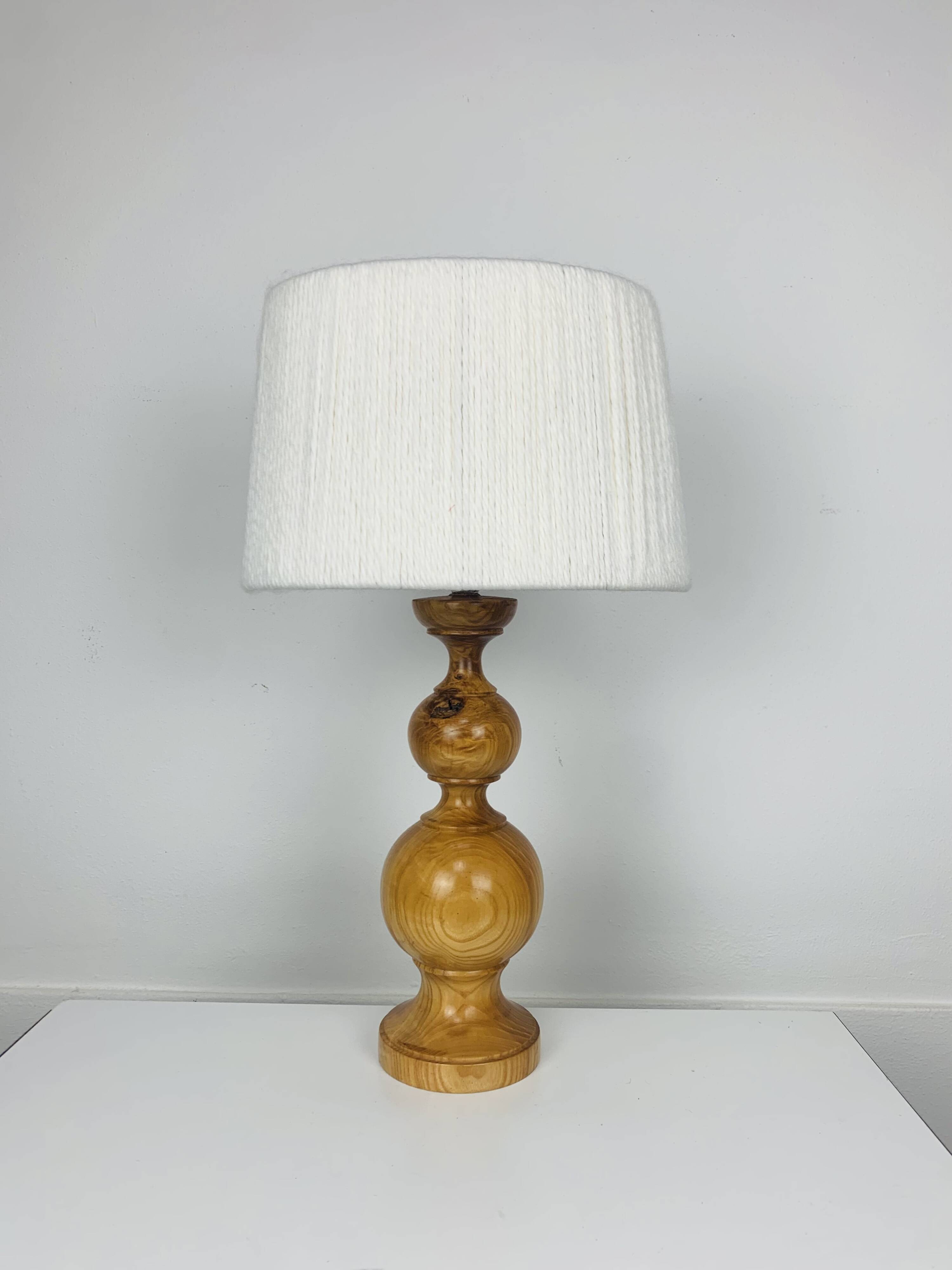 Turned wood lamp and vintage wool lampshade