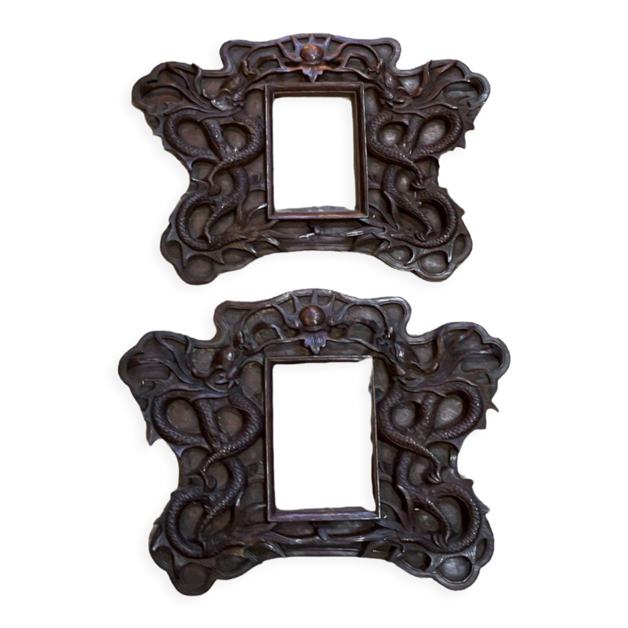 Pair of exotic wooden frames with dragons