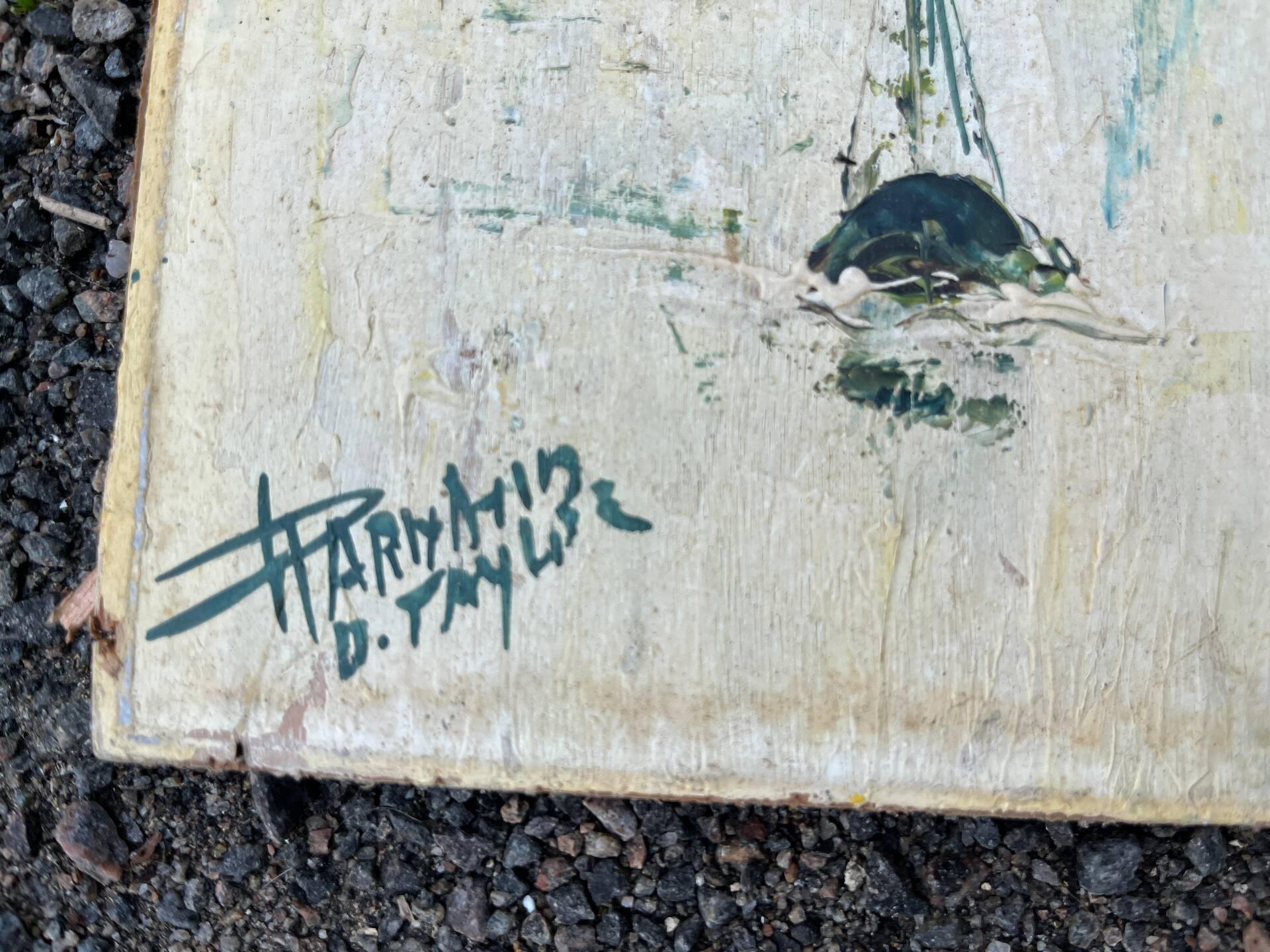 Animated view of a table with sailboats, signed.