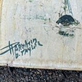 Animated view of a table with sailboats, signed.