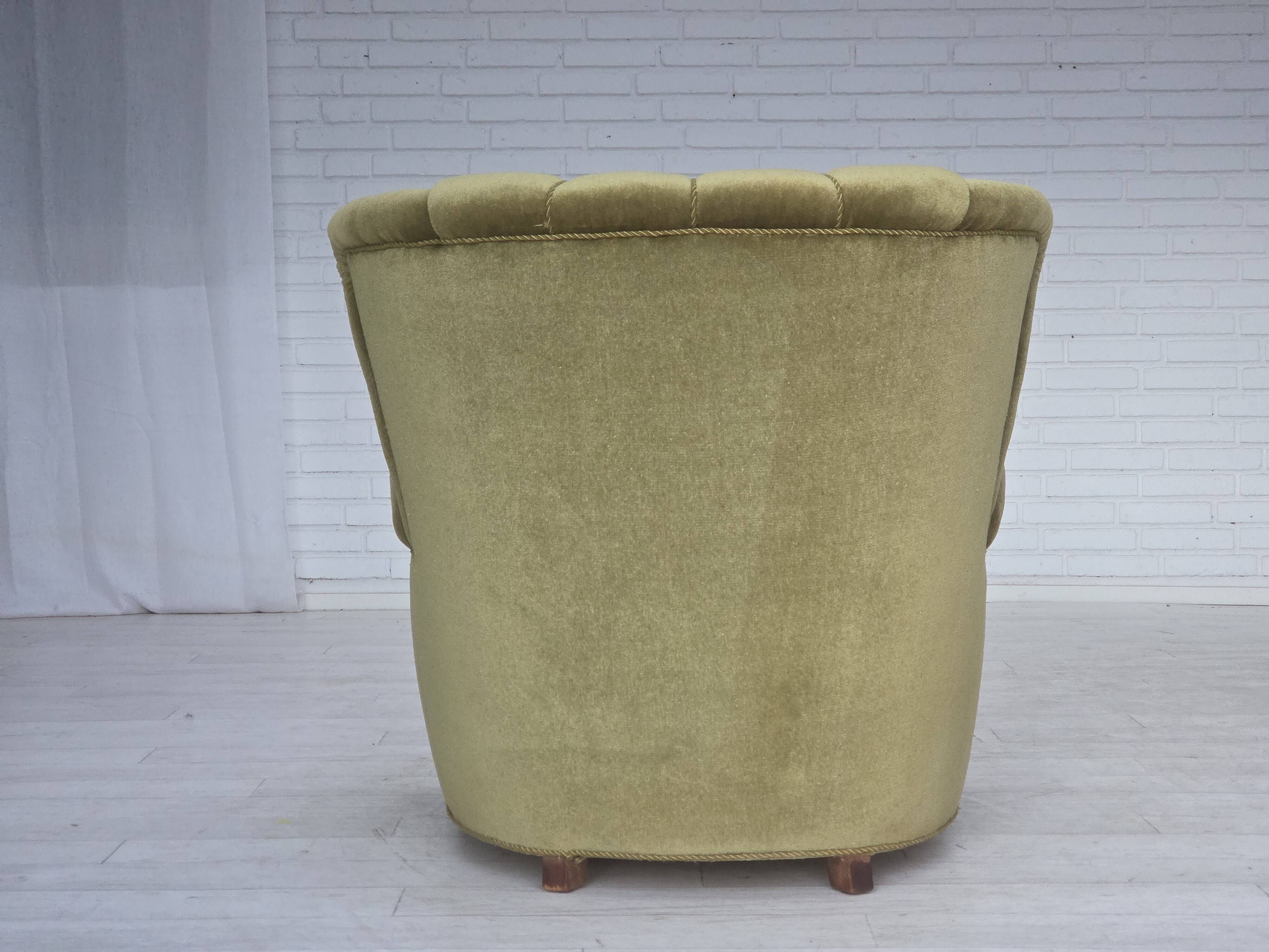 1960s, Danish relax armchair, original green furniture velour, beech wood.