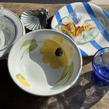 3 large Italian plates with blue stripes and lemons pattern
