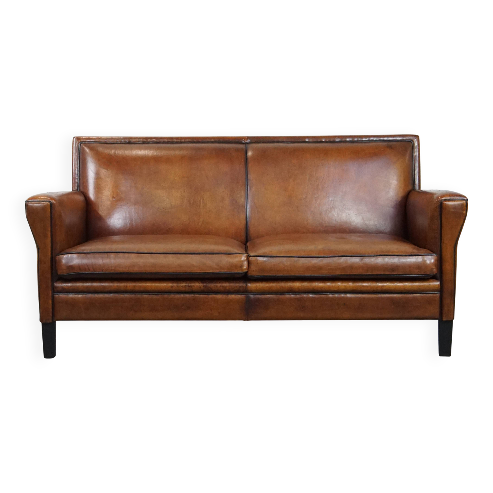 Sheepskin Leather 2-Seater Art Deco Sofa