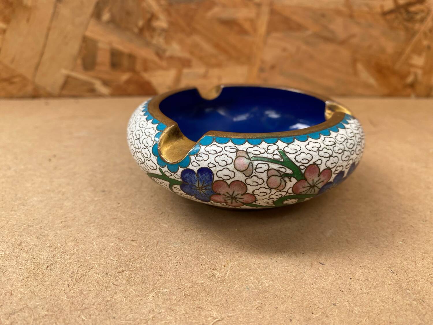 Antique Chinese Bronze Cloisonne Enamel Ashtray Vintage Flower Pattern
